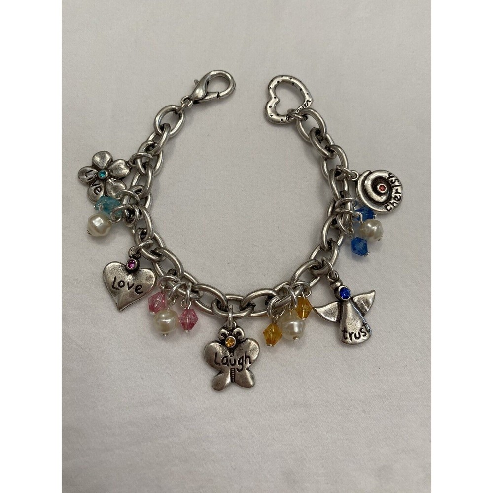 Vintage Charm Bracelet Live Love Laugh Trust Cherish Theme Silver Tone
